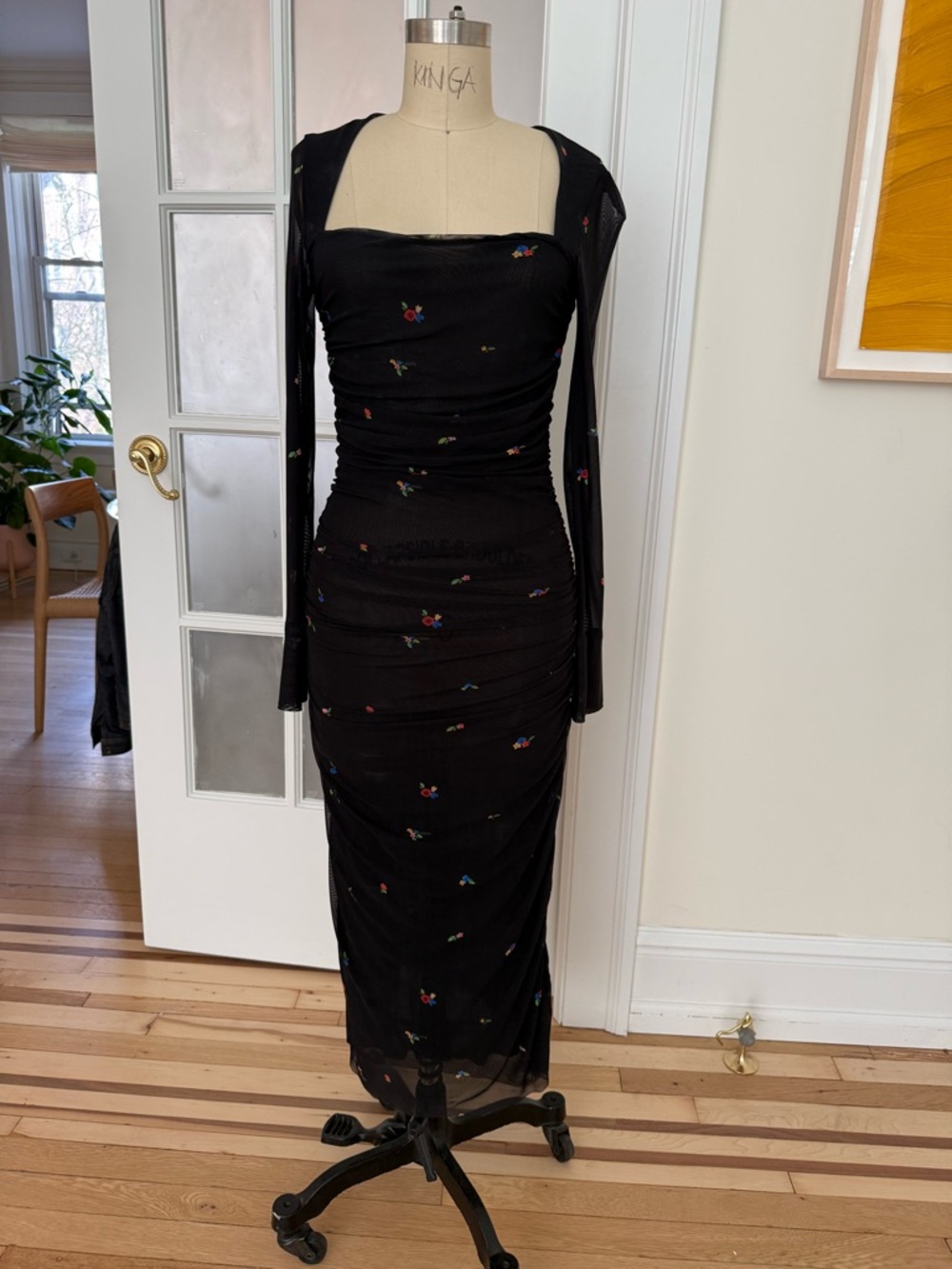 Ganni Black Midi Dress with Subtle Multicolor Floral Dots